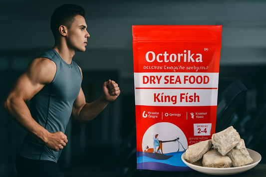 Athlete running on a treadmill with Octorika dry fish pack displayed, highlighting protein-rich nutrition for fitness and gym enthusiasts