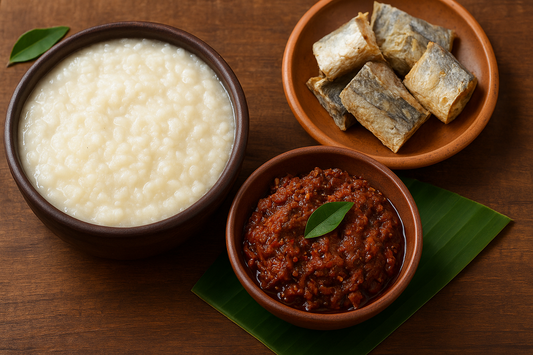 A traditional Kerala meal featuring dry fish chutney made with coconut, spices, and chilies, served alongside a bowl of steaming rice porridge (kanji), highlighting rustic coastal flavors