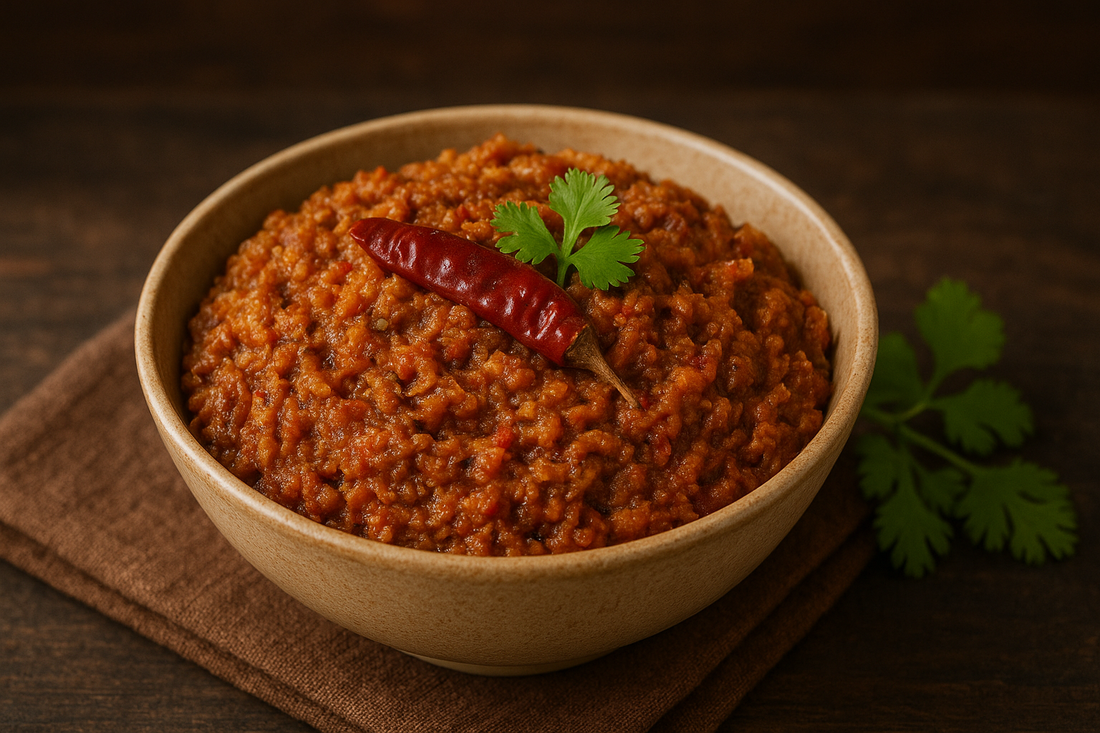 A bowl of Bengali-style Chingri Shutki Bharta, made with dry prawns, mustard oil, onions, and chilies, served with steamed rice in a rustic setting
