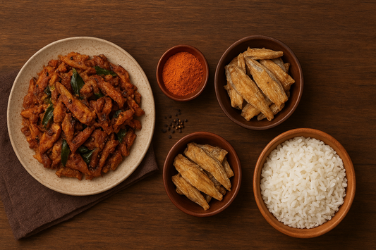 Close-up of crispy dry fish dishes served with Indian spices and herbs on a rustic background