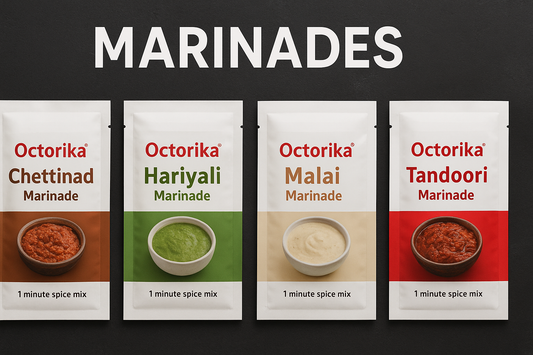 Four Octorika marinades โ Chettinad, Hariyali, Malai, and Tandoori โ displayed side by side with fresh ingredients and marinated dishes in the background