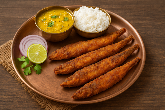A traditional Maharashtrian thali featuring crispy fried Bombil (Bombay duck) served on a copper plate with steamed rice, yellow dal, onion rings, lemon slice, and fresh coriander, placed on a rustic wooden table with a burlap cloth