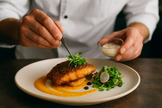 A gourmet dish of dry fish reimagined by a 5-star chef, beautifully plated with microgreens, colorful sauces, and artistic garnishes on a modern white plate, set against a fine-dining restaurant backdrop