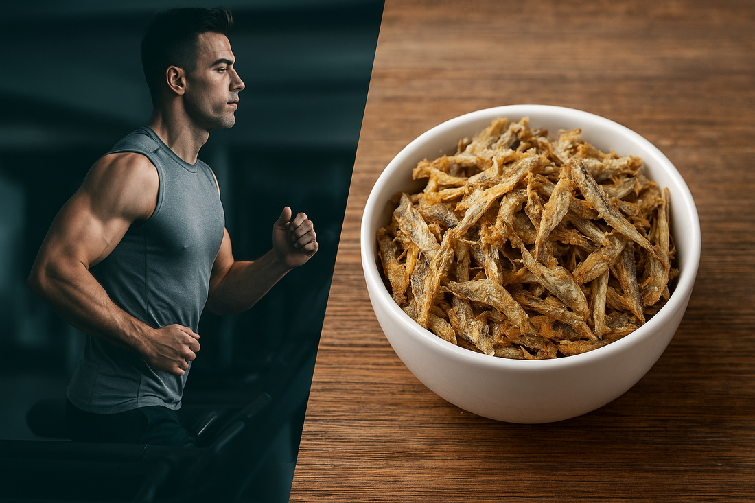 A split-view digital photograph showing gym equipment on one side and a plate of dry fish recipes on the other, symbolizing the connection between fitness, high-protein meals, and traditional Indian nutrition.
