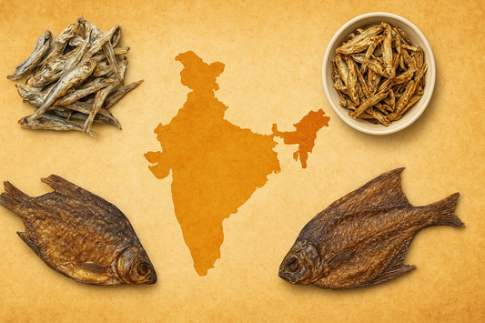 A creative digital composition featuring the map of India with a highlighted focus on Northeast India, surrounded by traditional dry fish dishes and raw dried fish elements, symbolizing the regionโs famous dry fish recipes in a cultural and culinary theme