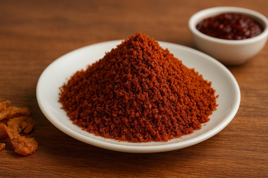 A beautifully styled plate of dry prawn chutney powder placed on a rustic wooden table, garnished with curry leaves and served in an aesthetic food photography setup