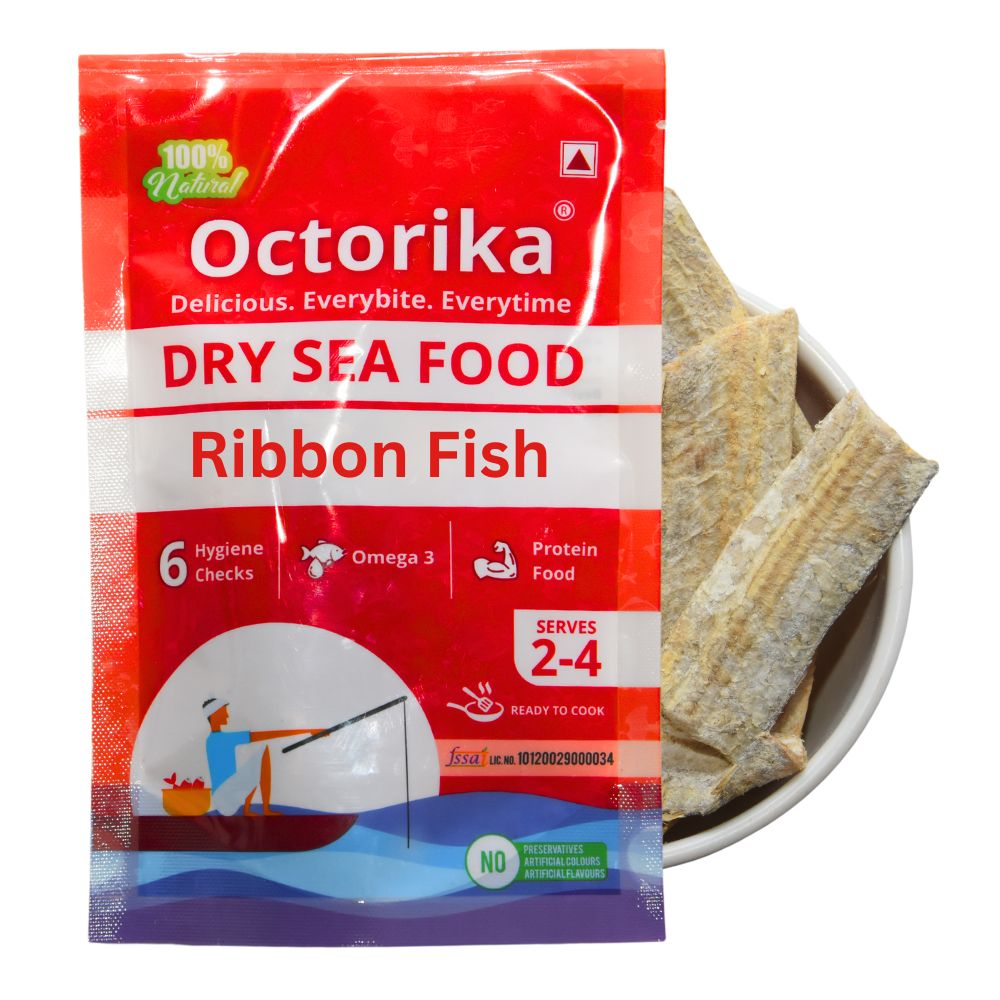 Octorika Premium Dry Ribbon Fish ā sliced and ready to cook seafood. Buy ribbon fish online India, top dry seafood brand, best dry fish for curry