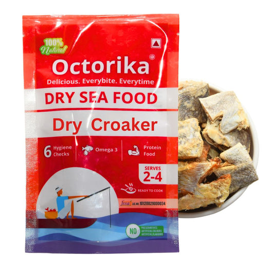 Octorika Premium Dry Croaker Fish perfectly sliced and ready to cook dry fish. Buy best Dry Croaker Fish online, top dry seafood India, Indian dry fish pack for home cooking
