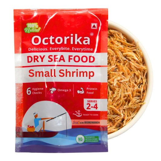 Octorika Premium Small Shrimp β cleaned and ready to cook dry prawns. Buy best dry shrimp online India, top dry seafood, small prawns for curry, dry fish for home cooking