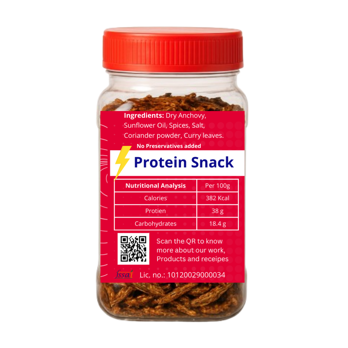 Octorica Fried Masala Dry Anchovy  with ingredient list, nutritional facts, QR code, and FSSAI license number on back label