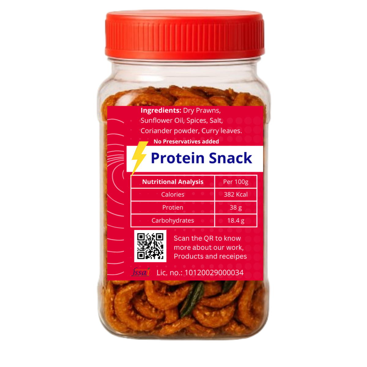 Octorica fried masala dry prawns with ingredient list, nutritional facts, QR code, and FSSAI license number on back label