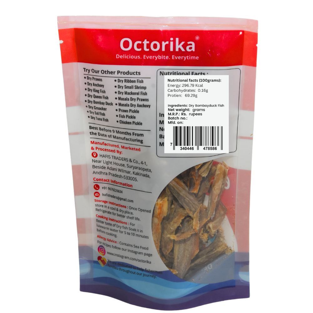 Octorika Premium Dry Bombay Duck Premium Dry fish in india back label with storage instructions, ingredient list, nutritional facts, contact info, QR code, and FSSAI license number