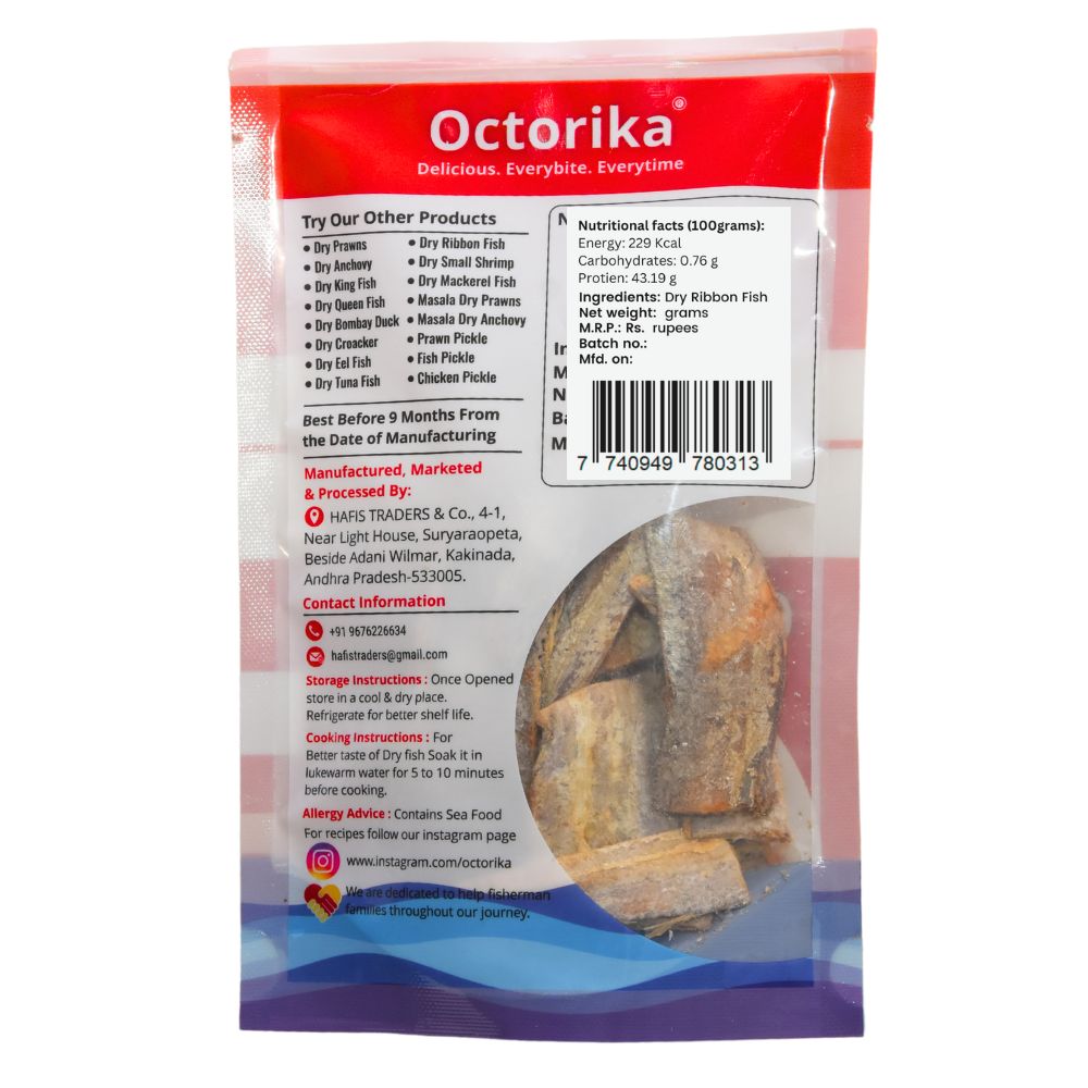 Octorika Premium Dry Ribbon Fish ā Premium dry seafood in India back label with storage instructions, ingredient list, nutritional facts, contact info, QR code, and FSSAI license number