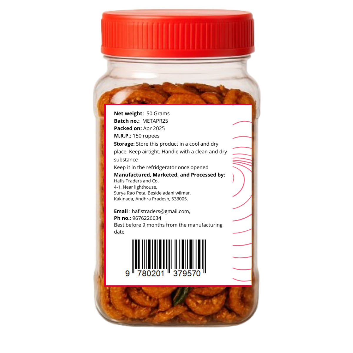 Octorica fried masala dry prawns jar label with storage instructions, manufacturer details, and contact information