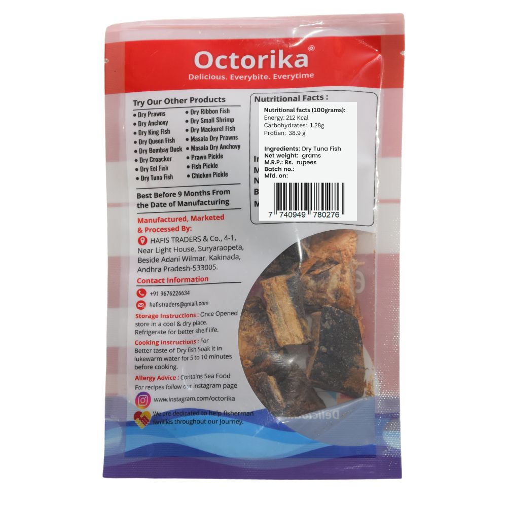 Octorika Premium Dry Tuna Fish ā Premium dry fish in India back label with storage instructions, ingredient list, nutritional facts, contact info, QR code, and FSSAI license number