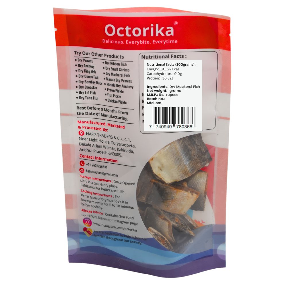 Octorika Premium Dry Mackerel β Premium dry seafood in India back label with storage instructions, ingredient list, nutritional facts, contact info, QR code, and FSSAI license number