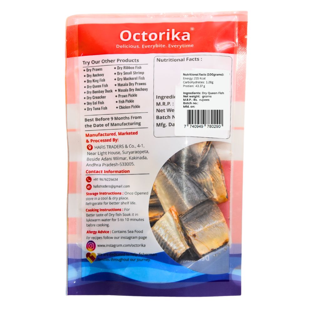 Octorica dry queen fish back label with storage instructions, ingredient list, nutritional facts, manufacturer details, contact info, QR code, and FSSAI license number