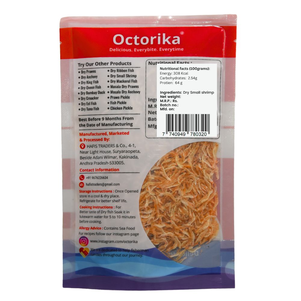 Octorika Premium Dry Small Shrimp β Premium dry seafood in India back label with storage instructions, ingredient list, nutritional facts, contact info, QR code, and FSSAI license number