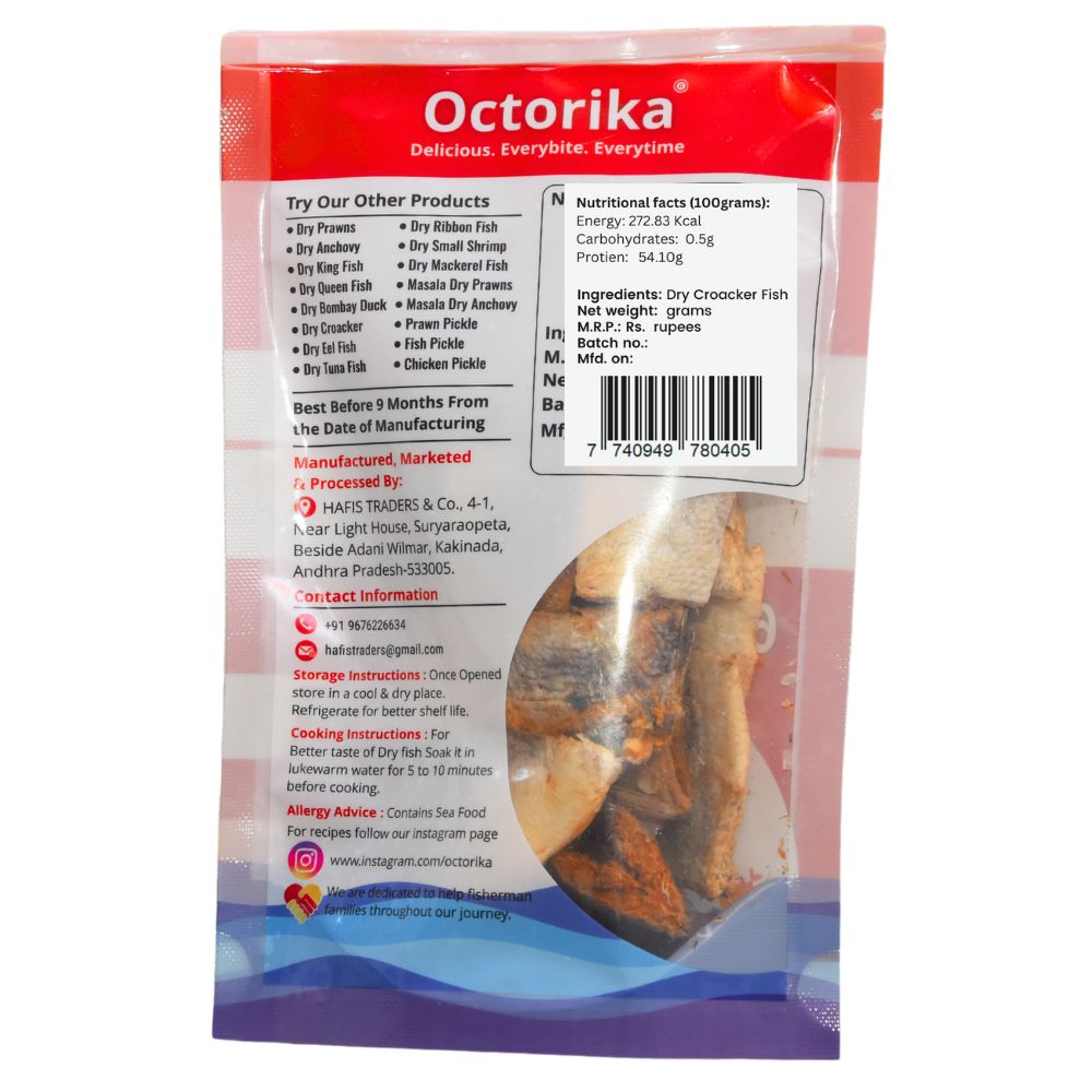 Octorika Premium Dry Croaker Fish ā Premium dry seafood in India back label with storage instructions, ingredient list, nutritional facts, contact info, QR code, and FSSAI license number