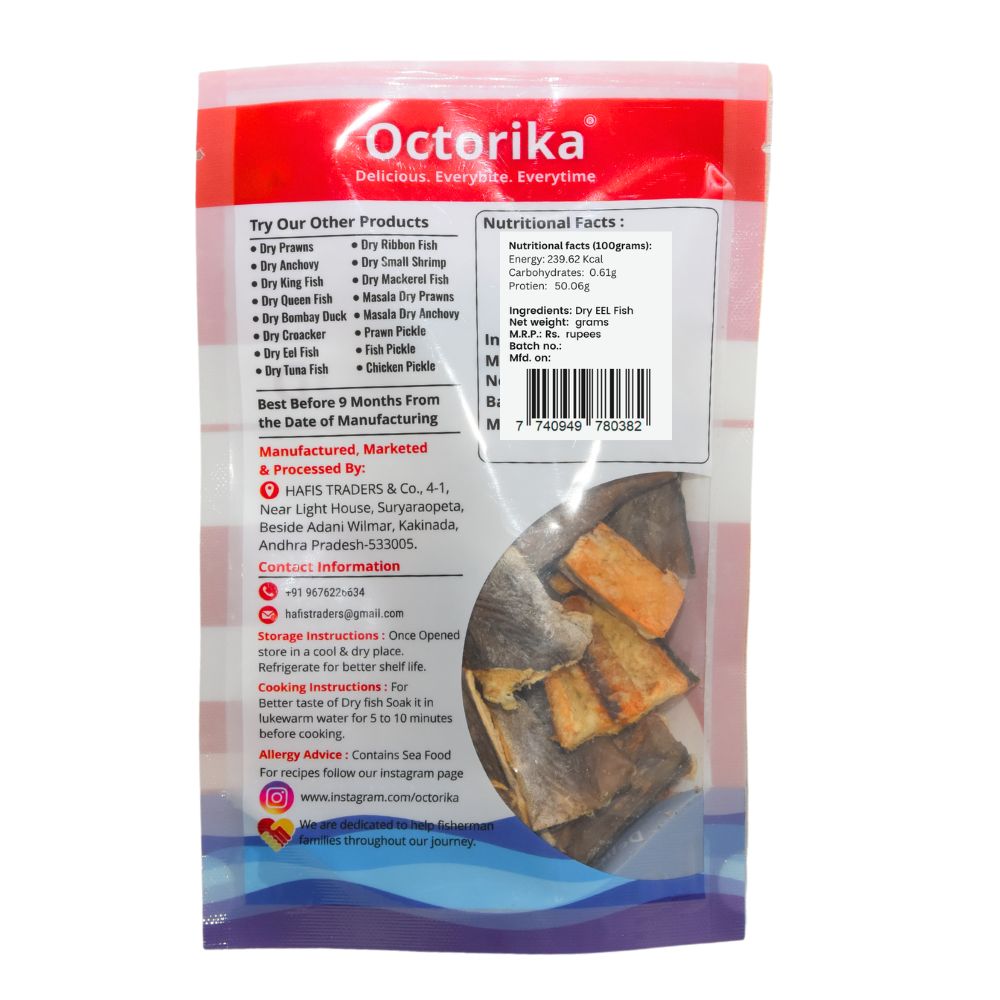 Octorika Premium Dry Eel ā Premium dry seafood in India back label with storage instructions, ingredient list, nutritional facts, contact info, QR code, and FSSAI license number