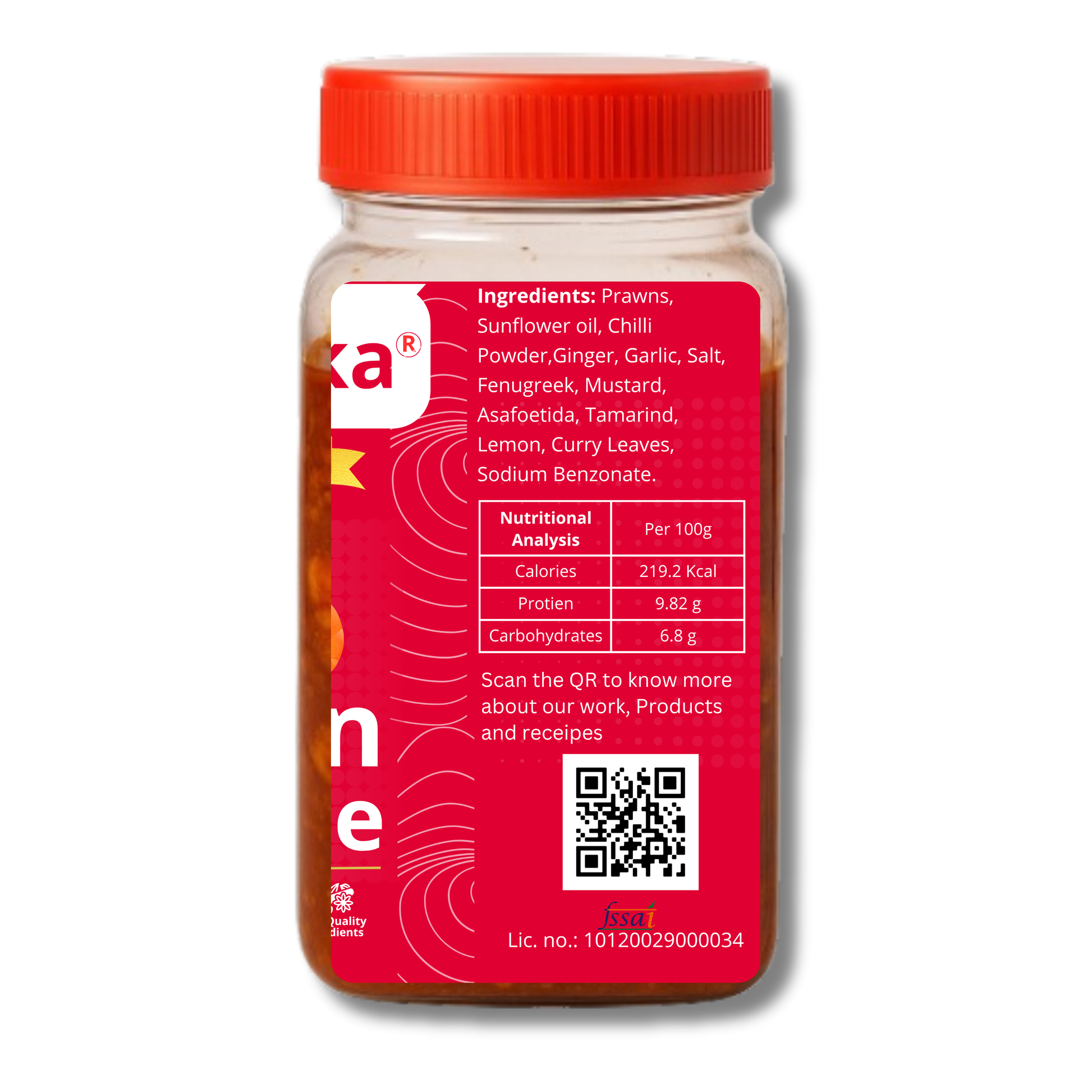 Back label of Octorika prawn pickle jar with ingredients list, nutritional facts per 100g, QR code, and FSSAI license number