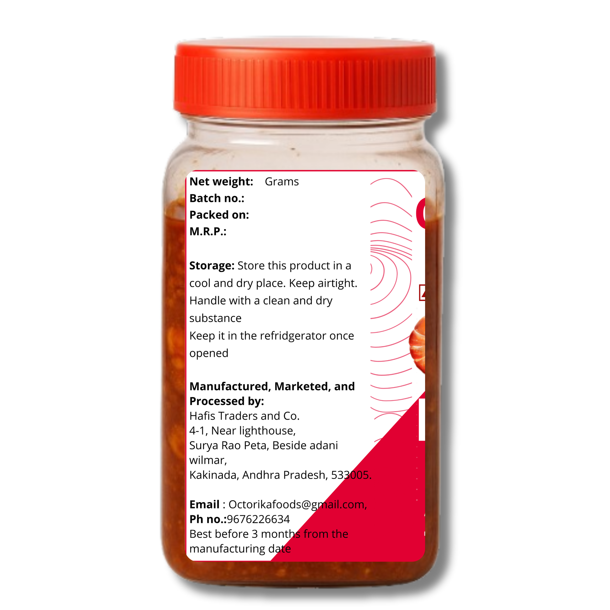 Back label of Octorika prawn pickle jar showing storage instructions, manufacturer details, contact information, and shelf life