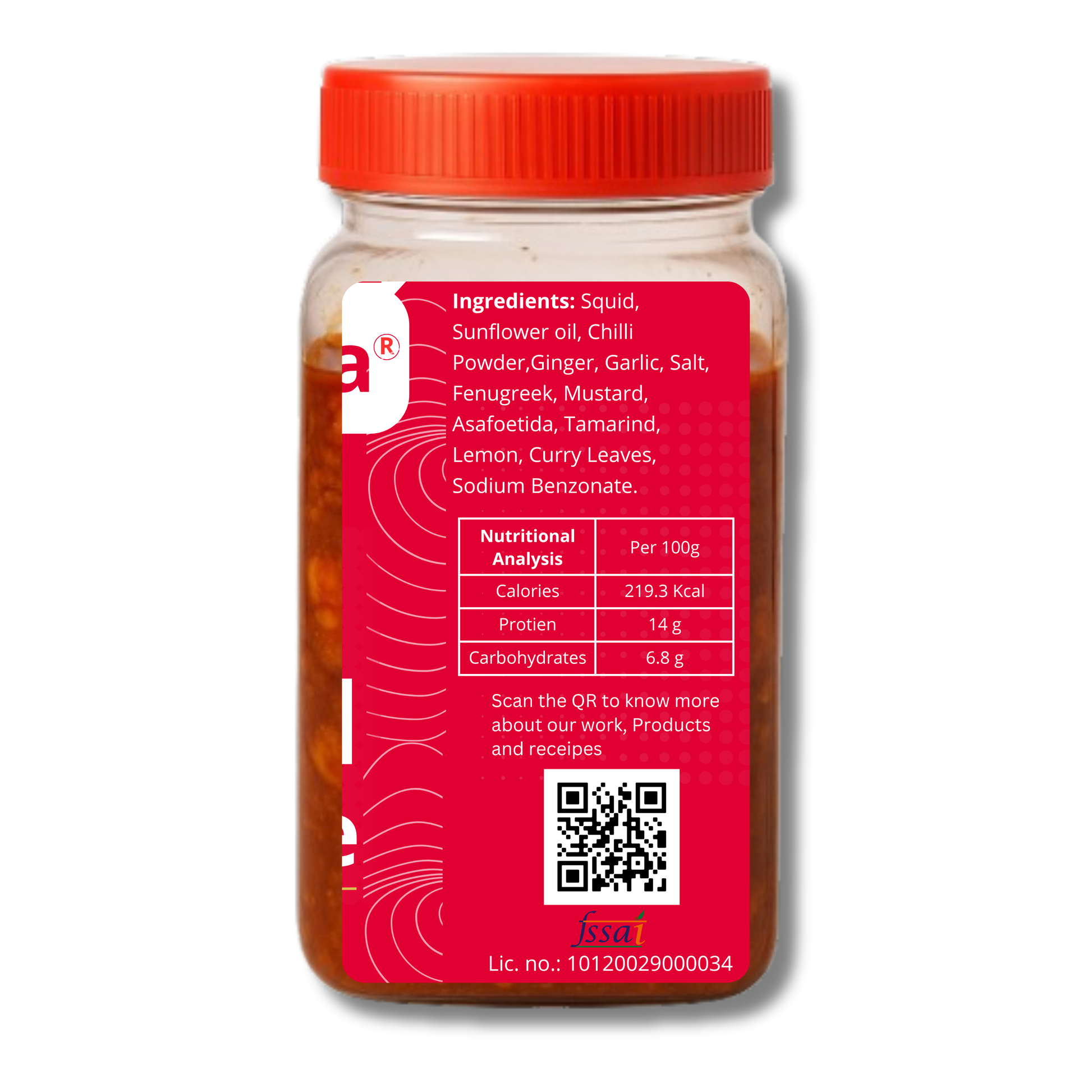 Back label of Octorika squid pickle jar showing ingredients, nutritional values, QR code, and FSSAI license