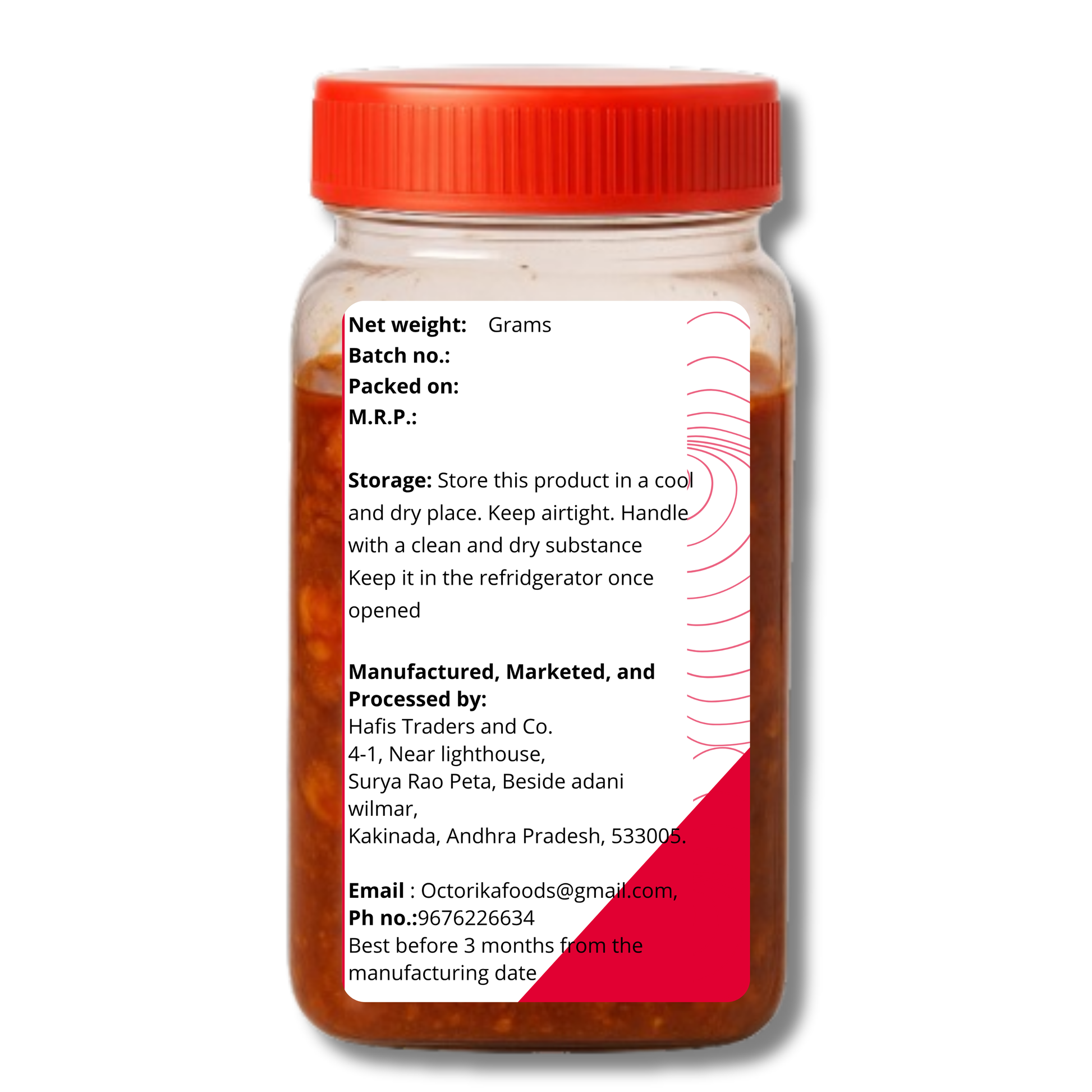 Back view of squid pickle jar showing storage instructions, manufacturer details, contact info, and best before date