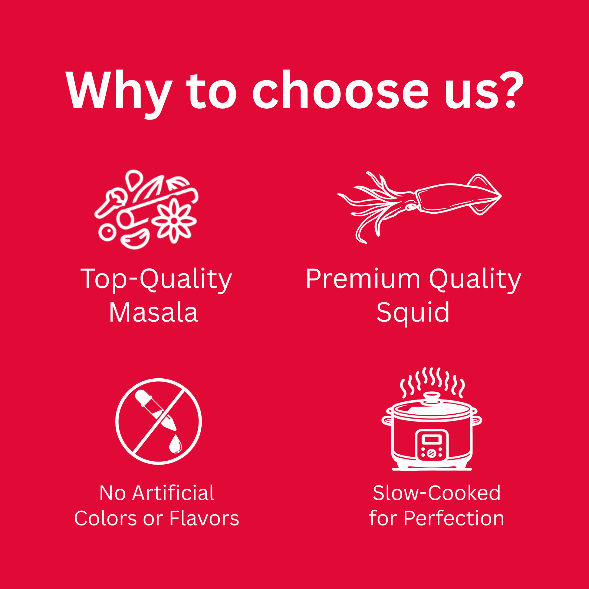 Infographic showing reasons to choose Octorikasquid pickle  top-quality masala, premium squid, no artificial colors, and slow-cooked perfection