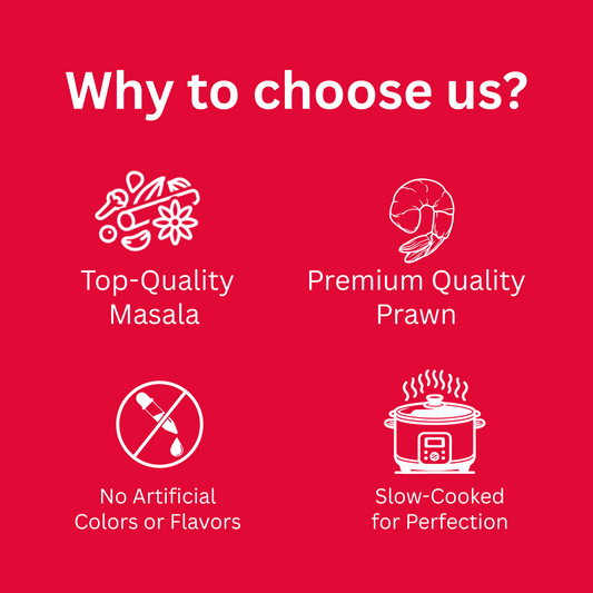 Infographic highlighting reasons to choose Octorika prawn pickle, top-quality masala, premium prawn, no artificial colors, and slow-cooked preparation