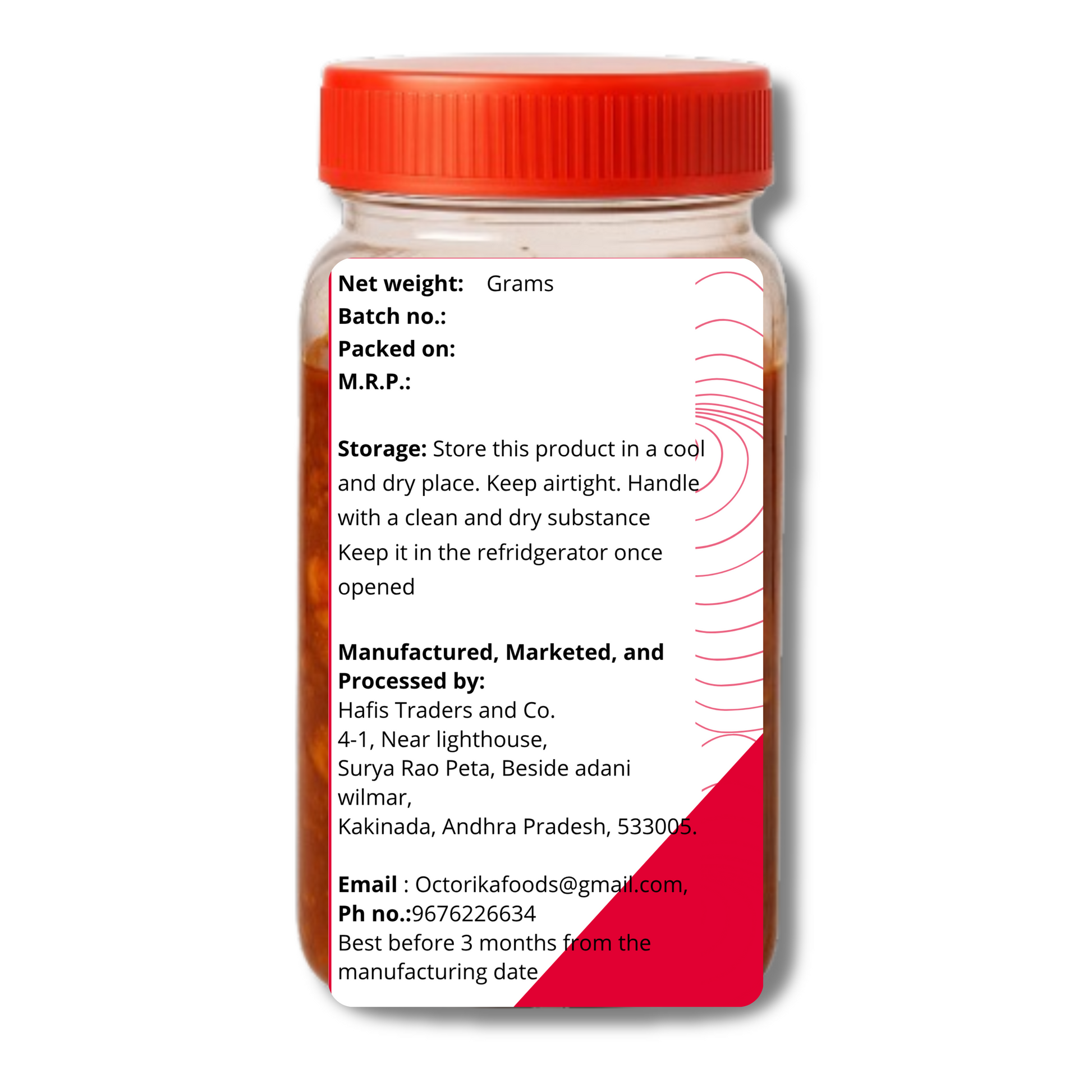 Octorica fish pickle packaging label with storage instructions, manufacturer details, and contact info on a clear jar