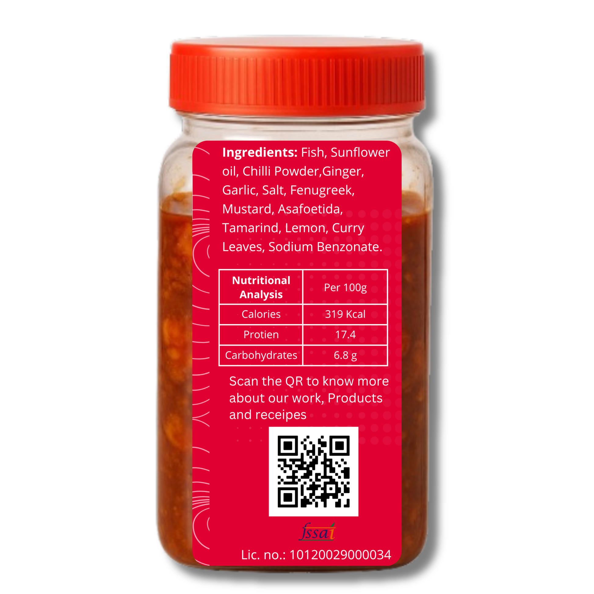 Octorica fish pickle jar back label showing ingredients, nutritional information, QR code, and FSSAI license