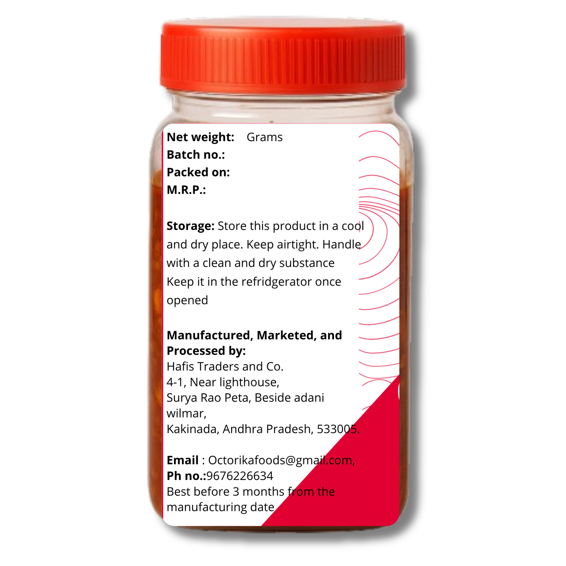Octorica chicken pickle jar label with storage instructions, manufacturer details, and contact information