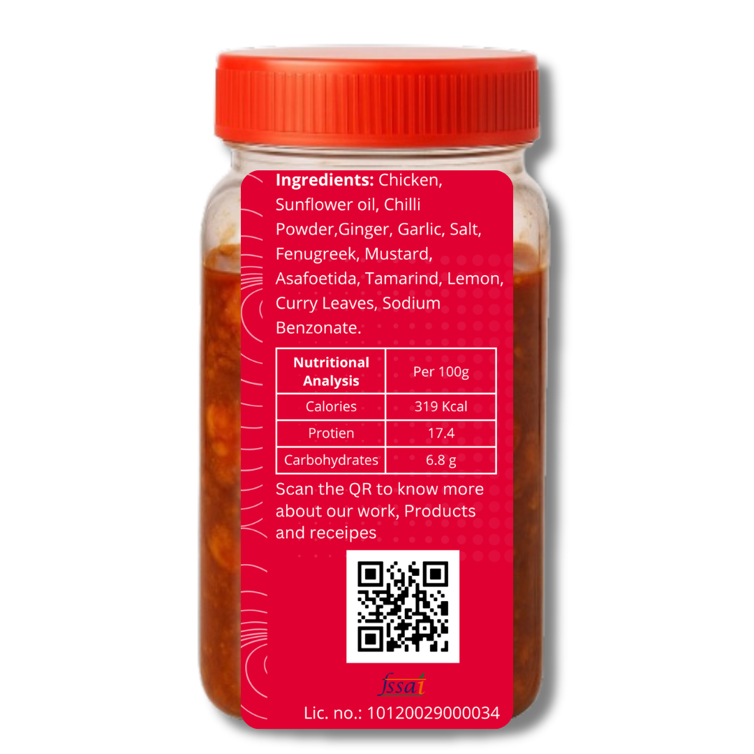 Octorica chicken pickle jar with ingredient list, nutritional facts, QR code, and FSSAI license number on back label