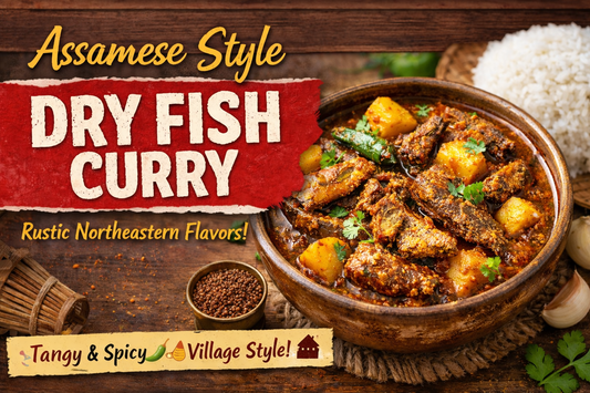 Assamese style dry fish curry with potatoes and green chilies, placed on a wooden table with steamed rice on the side and bold centered text reading “Assamese Style Dry Fish Curry