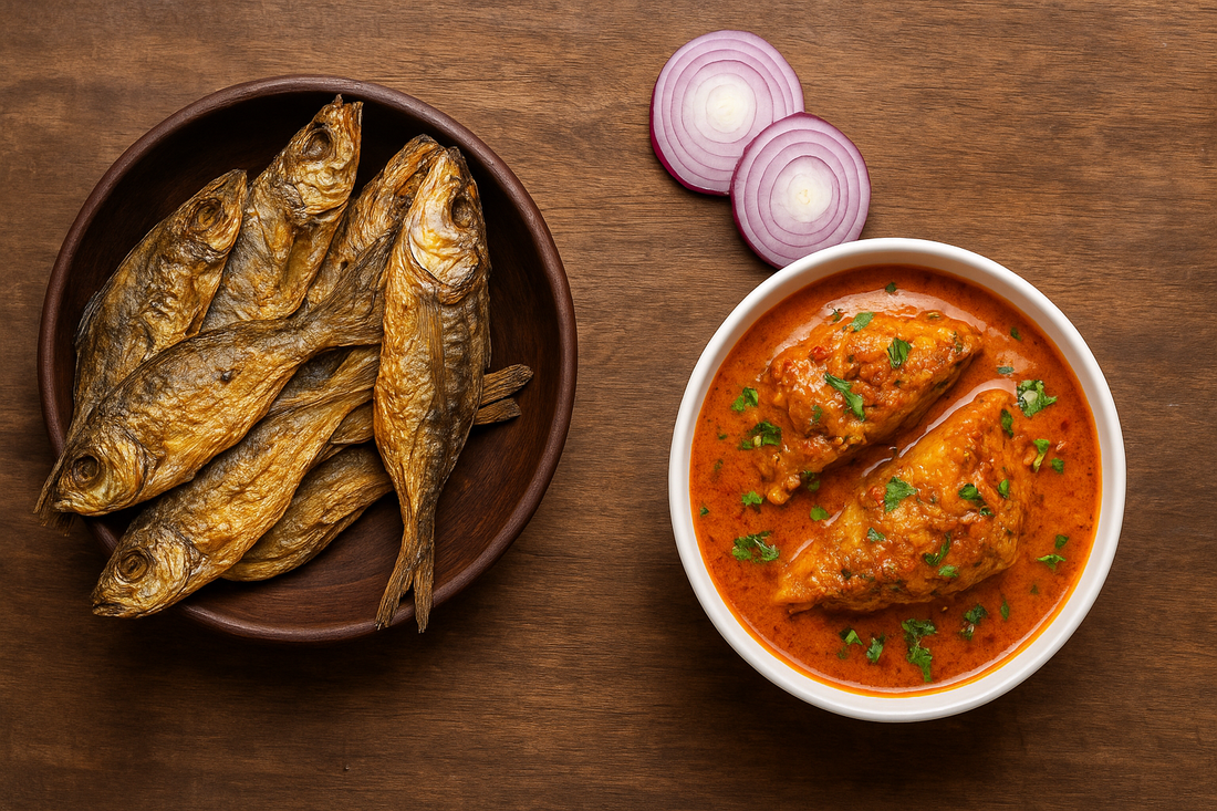 dry fish varieties arranged with rustic textures, showcasing Octorika’s premium dry seafood for cooking