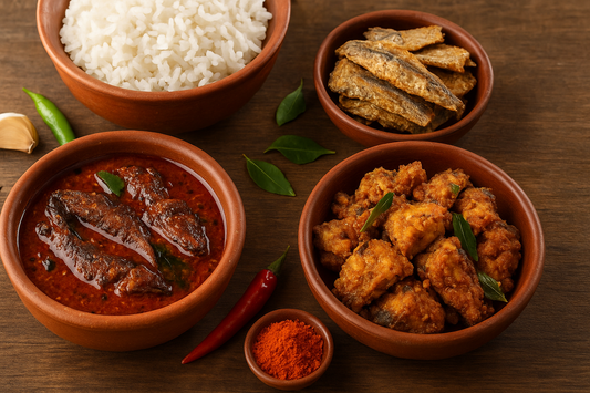 A traditional South Indian meal setup with dry fish curry, fried dry fish, spices, and rice, styled in Andhra Pradesh cuisine