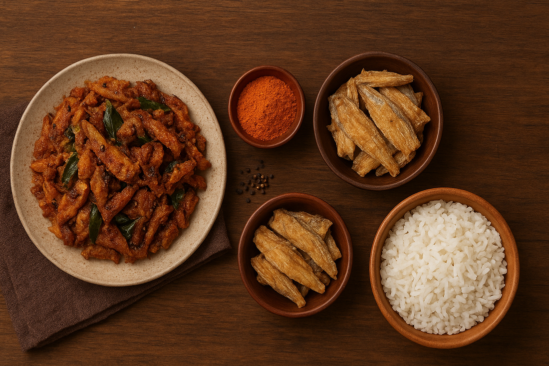 Close-up of crispy dry fish dishes served with Indian spices and herbs on a rustic background