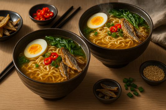 A high-resolution food photograph showing two steaming bowls of Asian-style noodle soup on a wooden table, made with rich golden broth, noodles, crispy dry fish pieces, soft-boiled eggs, green vegetables, sliced red chilies, and spring onions
