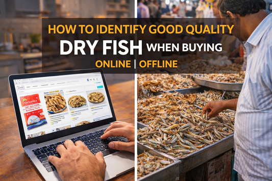 good quality dry fish when buying online and offline, with a person browsing dry fish on a laptop on the left side and a traditional Indian fish market with dry fish stalls on the right side, highlighting comparison of online vs offline dry fish buying