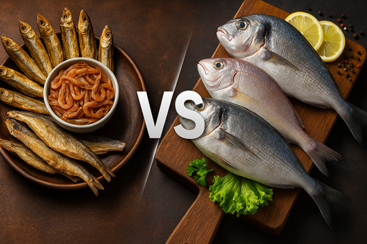 Premium dry fish and fresh fish displayed side by side, highlighting texture and freshness difference