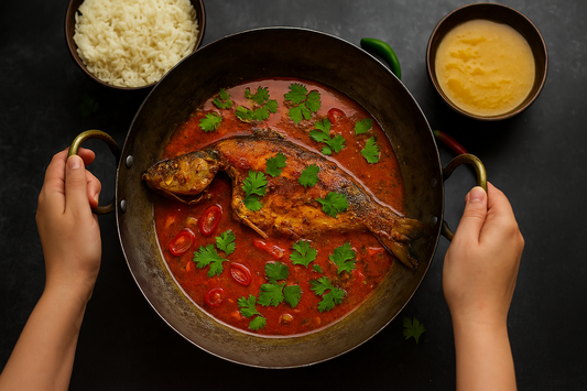 Fish curry in kadai with garnished herbs, served with rice and dal-perfect for traditional fish recipes, dry fish curry, fish pickle, seafood lovers, Bengali cuisine, non-veg dish, spicy fish curry, dry face masala, and home-style fish meal.