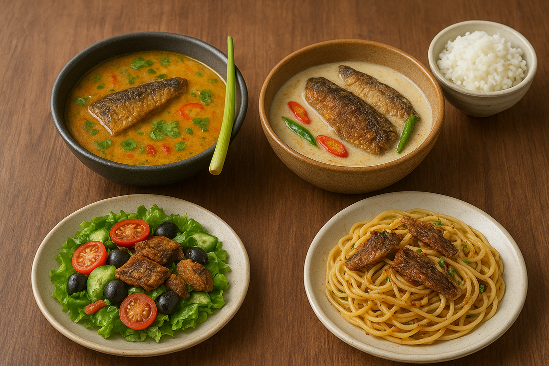 A beautifully arranged wooden dining table featuring multiple international dishes made with Indian dry fish, including Thai soup, Filipino curry, Mediterranean salad, Italian pasta, and a Japanese rice bowl, presented with fresh garnishes
