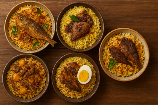 A top-view of a wooden dining table featuring multiple bowls of dry fish biryani from across India, including variations with fried whole fish, coconut-flavored fish, potato, and egg garnishes