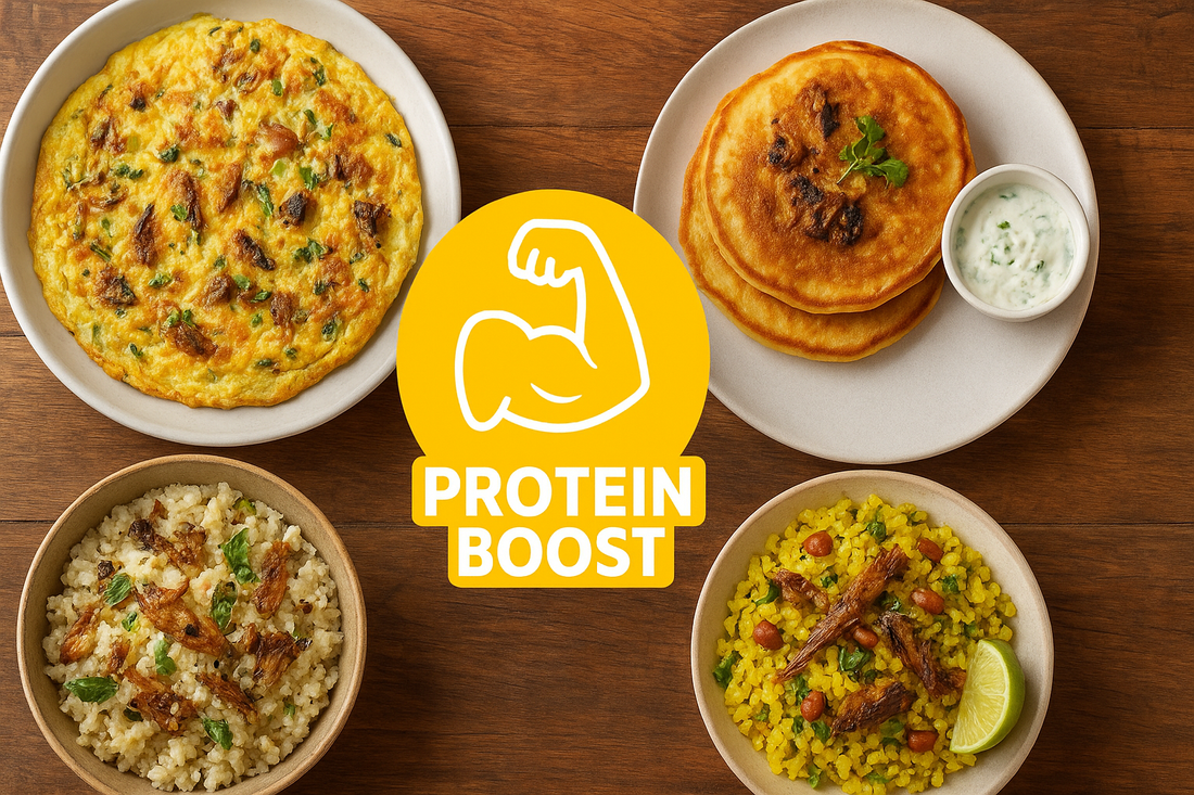 A neatly arranged breakfast table featuring four innovative dry fish dishes – a fluffy omelet with dry fish, healthy upma garnished with dry fish flakes, savory pancakes topped with dry fish, and a modern salad bowl, with a protein boost icon