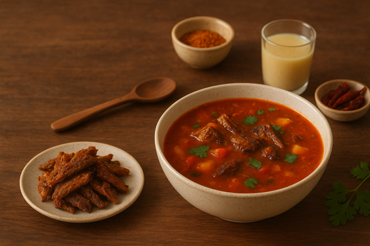 a winter-themed dining table featuring two steaming bowls of spicy dry fish-based soups and broths, surrounded by rustic wooden elements, herbs, spices, and cozy warm lighting that evokes a comforting winter atmosphere