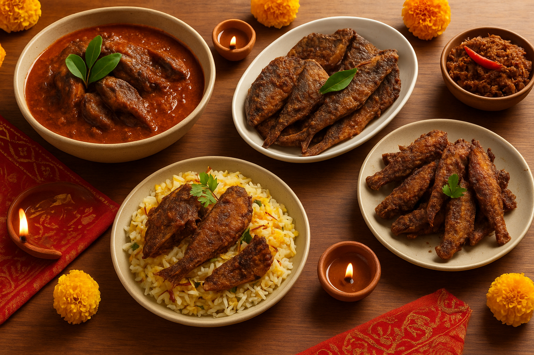 A festive Indian dining table decorated with marigold flowers, oil lamps, and traditional cloth, showcasing an array of dry fish dishes including dry fish curry, fried dry fish, dry fish biryani, and dry fish pickle