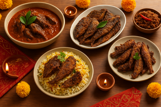 A festive Indian dining table decorated with marigold flowers, oil lamps, and traditional cloth, showcasing an array of dry fish dishes including dry fish curry, fried dry fish, dry fish biryani, and dry fish pickle