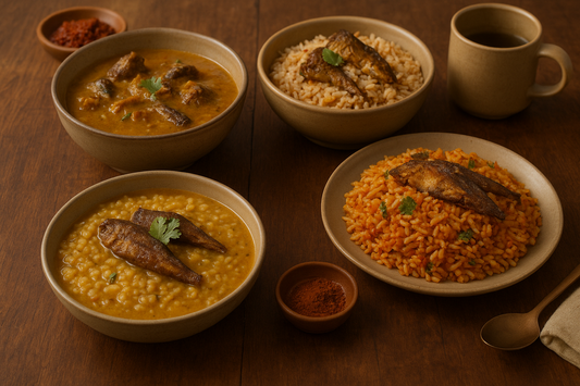 A warm-toned, high-resolution photograph showing four comforting one-pot dry fish meals - khichdi, pulao, stew, and tomato rice — served in ceramic bowls on a wooden dining table. Garnished with fresh herbs and accompanied by a cup of tea and spice bowls