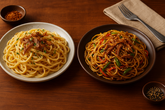 creamy Italian pasta topped with dry fish flakes and herbs, and the other with Asian-style stir-fried noodles mixed with dry fish, vegetables, and sesame seeds. Warm, cozy lighting highlights the rich textures and colors of the dishes
